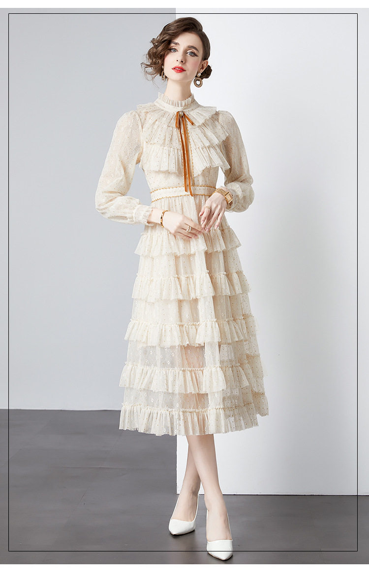 Elegant Long Sleeve A Line Dress High End Lightweight Fabric Waist Defining Sheer Mesh Cake Style Perfect for