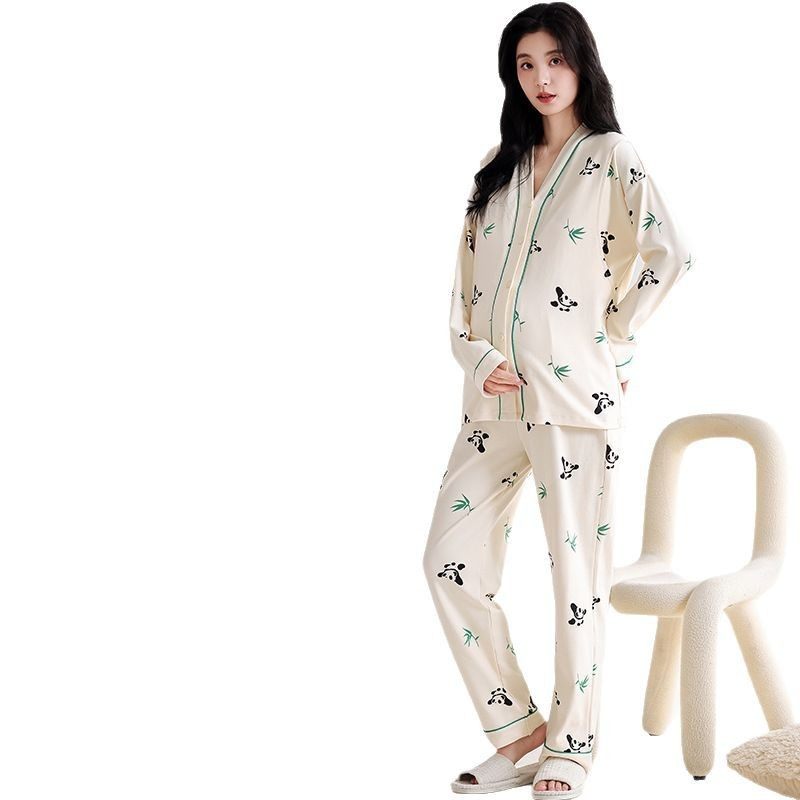 Pure Cotton Confinement Clothes with Breast Pads, Spring and Autum Lapel Cardigans for Pregnant Women, Breastfeeding, Adjustable Waist, Loose and Casual