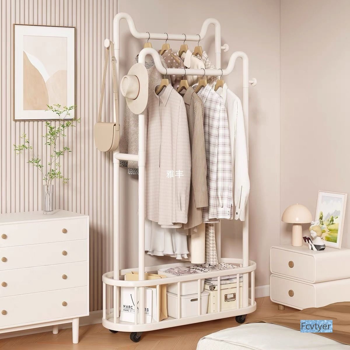 Clothes Rack Floor-Standing Vertical Clothes Rack Mobile Wheeled Rental Dormitory Storage Clothes Drying Rack Bathroom Cat Ear Floor-Standing Clothes Rack