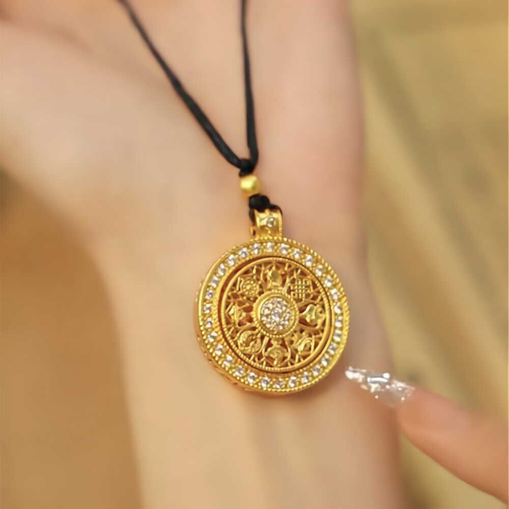 Ancient Gold Inlaid Diamond Rotatable Auspicious Eight-Rope Treasure Plate Pendant for Women, Copper Gold-Plated Compass Accessory, Braided Rope Safety Necklace