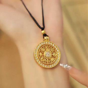 Ancient Gold Inlaid Diamond Rotatable Auspicious Eight-Rope Treasure Plate Pendant for Women, Copper Gold-Plated Compass Accessory, Braided Rope Safety Necklace