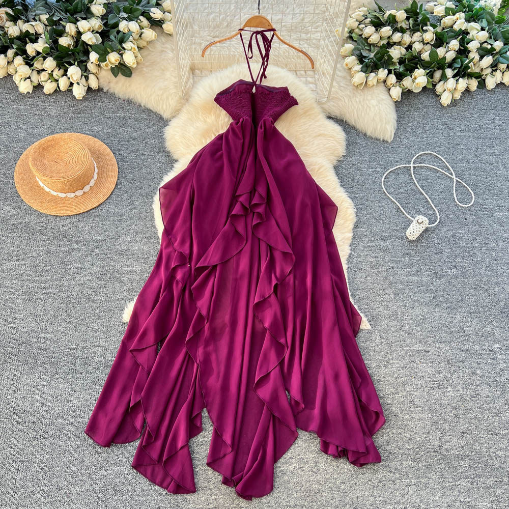 Summer Vacation Halter Ruffle Dress for Women High Waist A Line Irregular Hem Casual Office Wear Wholesale Available