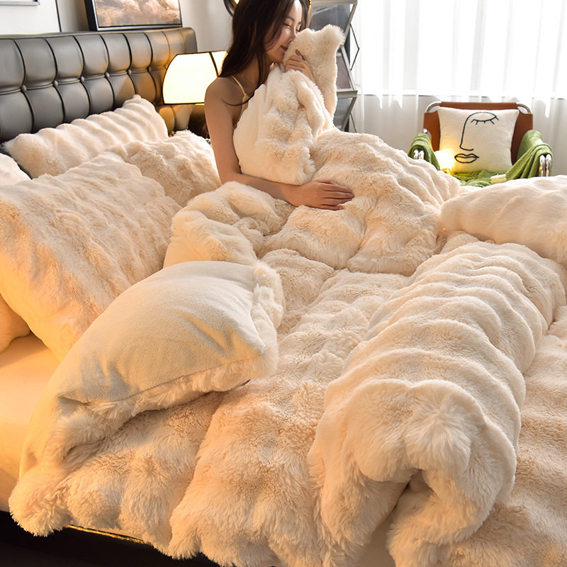 Cross-border e-commerce velvet milk velvet four-piece bed sheet quilt cover winter thickened flannel quilt cover fleece-lined three-piece set