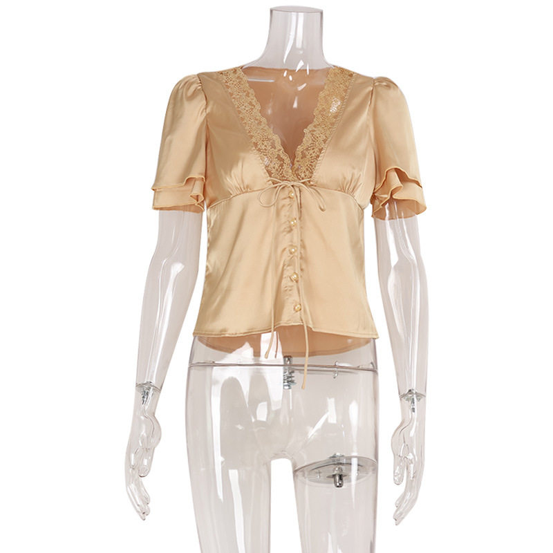 French Lace Panel Tie T Shirt Slim Fit Short Sleeve Summer Style Perfect for Casual Outings Wholesale Available