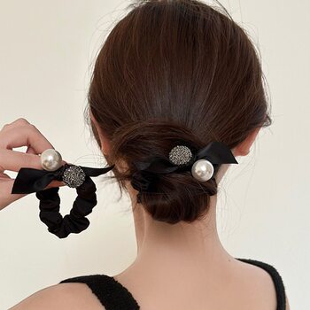 French-Style Pearl Bow Hair Tie for Women, Simple and Elegant High-Elasticity Hair Rope, Scrunchie Ponytail Bun Hair Tie