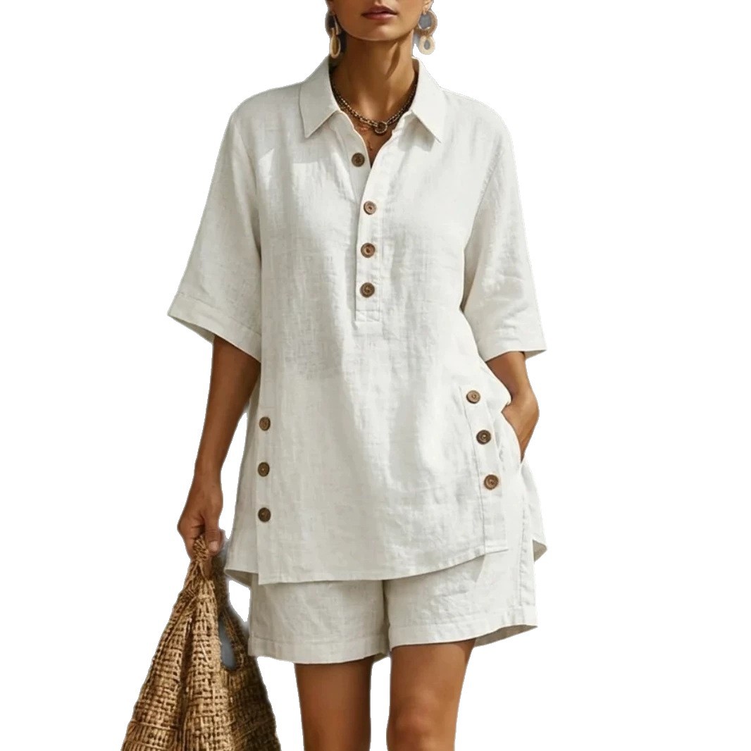 Womens Two Piece Set Short Sleeve Button Up Shirt Loose Fit Pants Solid Color Spring Summer Casual Wear Wholesale