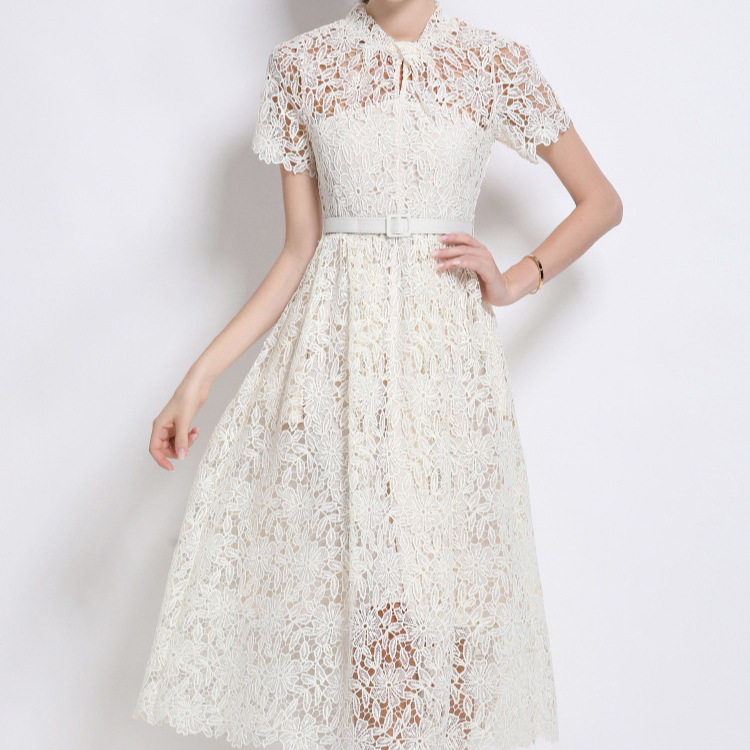 French Style Elegant Hollow Lace A Line Dress High End Lightweight Waist Defined Summer Fashion Wholesale Available