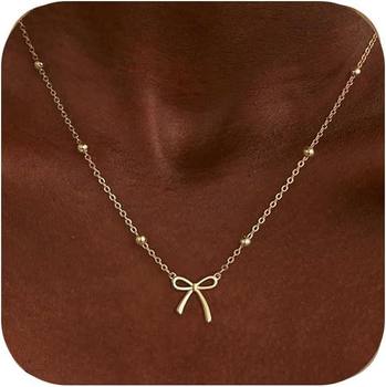 Small Cut Out Bow Pendant Necklace, Simple, Fresh, Sweet and Cute Clavicle Chain, Fashionable Bead Chain Jewelry for Women