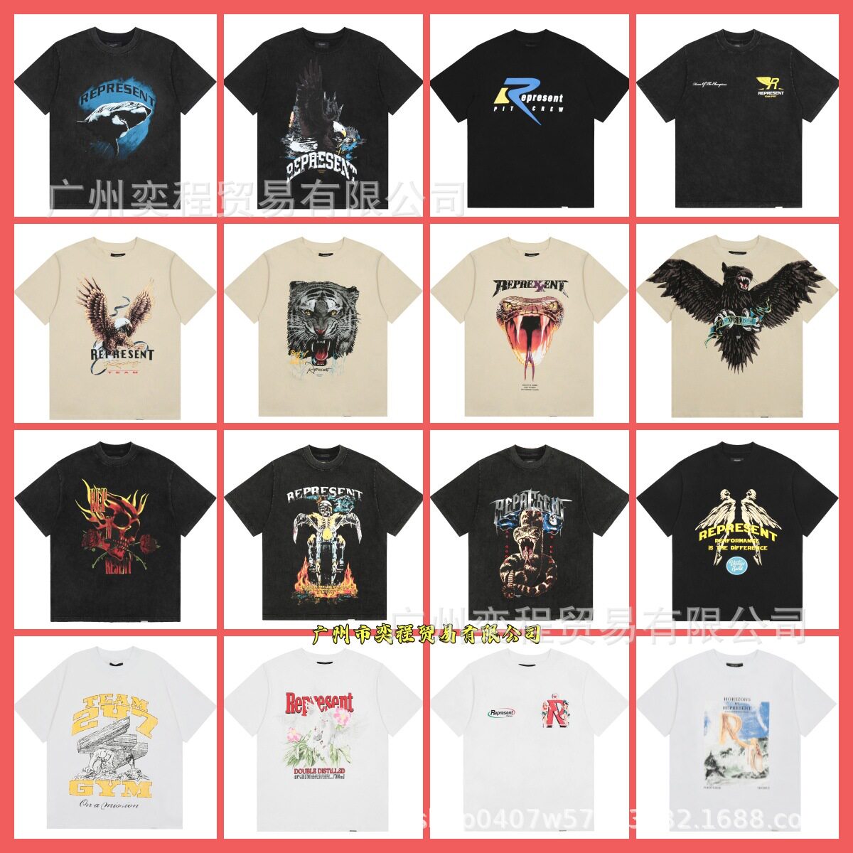เสื้อยืดแขนสั้นแบรนด์ดัง REPRESENT ขายส่งแบบครอสบอร์เดอร์ พิมพ์ลายโดเบอร์แมน, จระเข้, เพกาซัส และตัวอักษร สำหรับผู้ชายและผู้หญิง สไตล์ไฮสตรีท