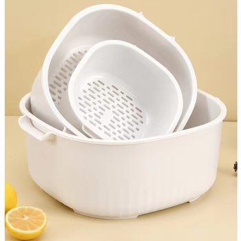 Double-Layer Plastic Vegetable Draining Basket, Household Fruit Tray, Vegetable Washing Basin, Dual-Use for Dry and Wet, Vegetable Washing Sink, Storage and Draining Tool