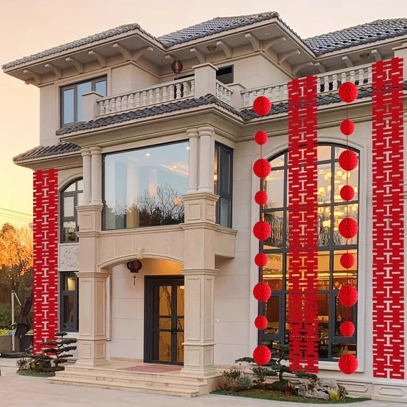 Long Strip Wedding Stickers with Double Happiness Characters for Wedding Room Decoration Set, Suitable for Both Men and Women in Rural Areas