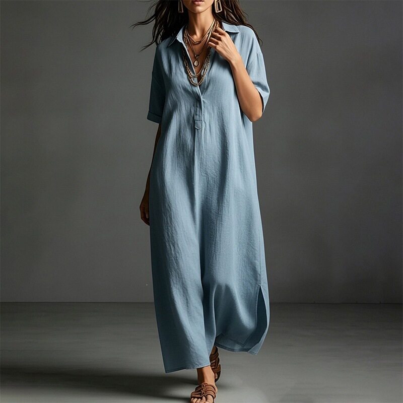 Womens Short Sleeve Polo Neck Long Dress Solid Color Casual Style Beach Vacation Wholesale Available