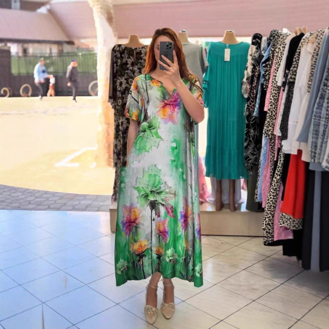 Summer Floral V Neck Maxi Dress for Women Casual Style Short Sleeves Lightweight Fabric Perfect for Vacations