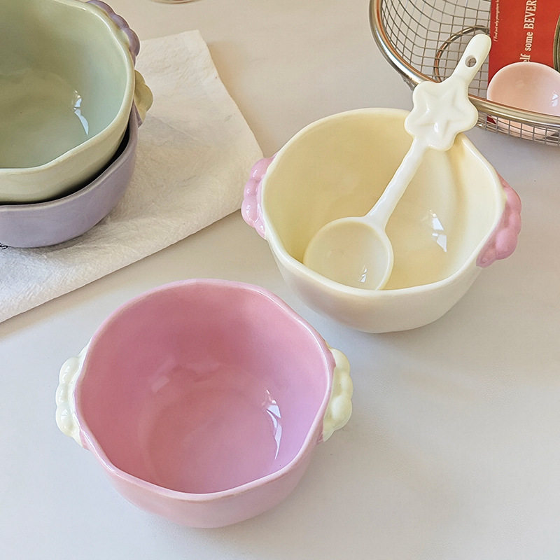 [Sugar Beans] Color-Blocked Bead Dot Bowl Ins Girly Heart Cream Style Exquisite High-Value Dessert Bowl Salad Bowl Rice Bowl