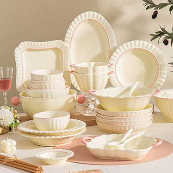 Household Ceramic Tableware Gift Box Large Soup Bowl Dinner Plate Bowl Set Creative Cream Style Rice Bowl Dish Plate Rice Bowl