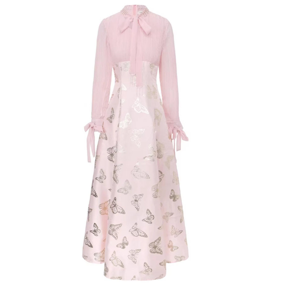 Elegant V Neck Dress with Bow Tie Luxurious Heavy Gold Print Flared A Line Gown for Formal Occasions Wholesale Available