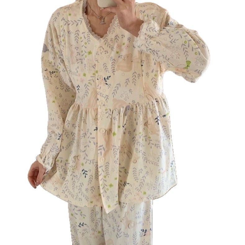 Pure cotton pull-up monthly clothing class a 2025 spring postpartum lactation pajamas maternal nursing home clothing suit