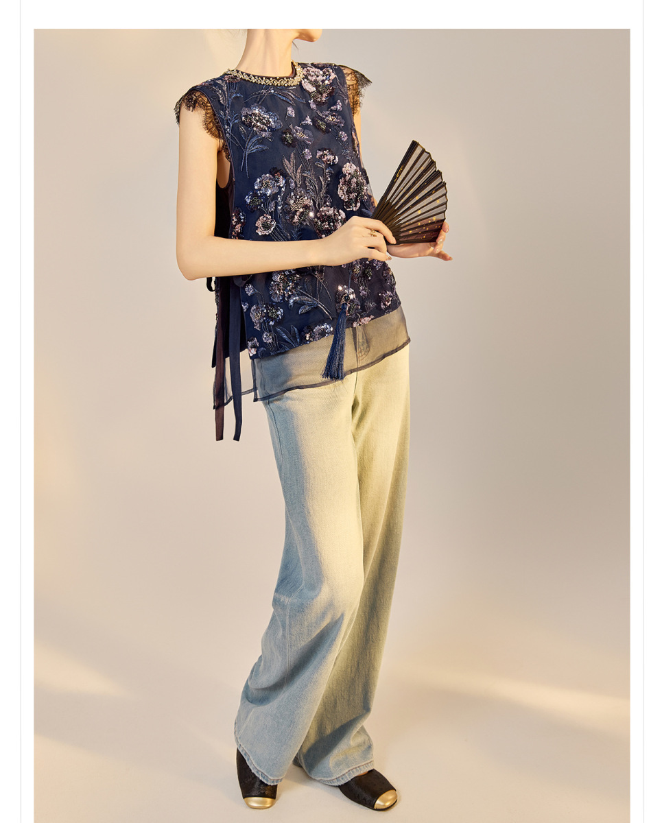 Áo vest nữ thêu cườm đính đá cổ tròn phối hoa văn — Jiyue Blue (giao hàng trong 7 ngày), Jiyue Blue (phát hành cùng ngày)
