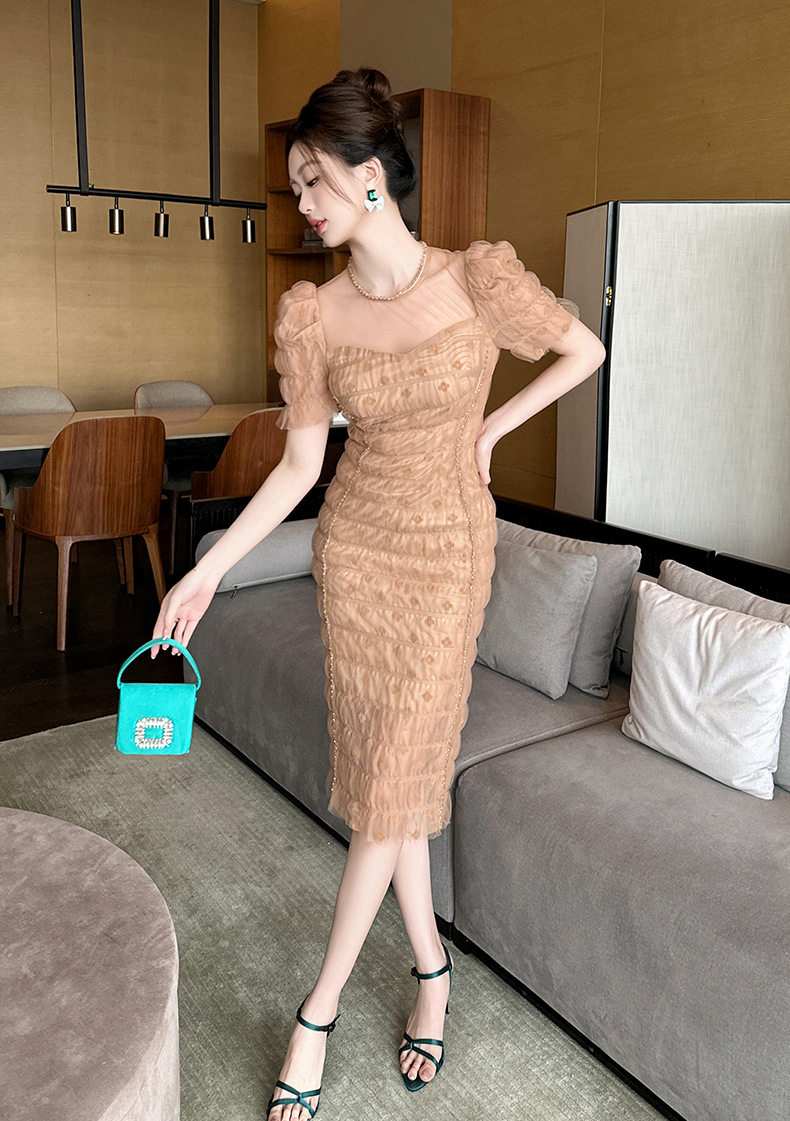 Đầm ôm body nữ tay bồng chất vải tulle xòe nhẹ — [Cam Huyền Ảo] chi tiết 5