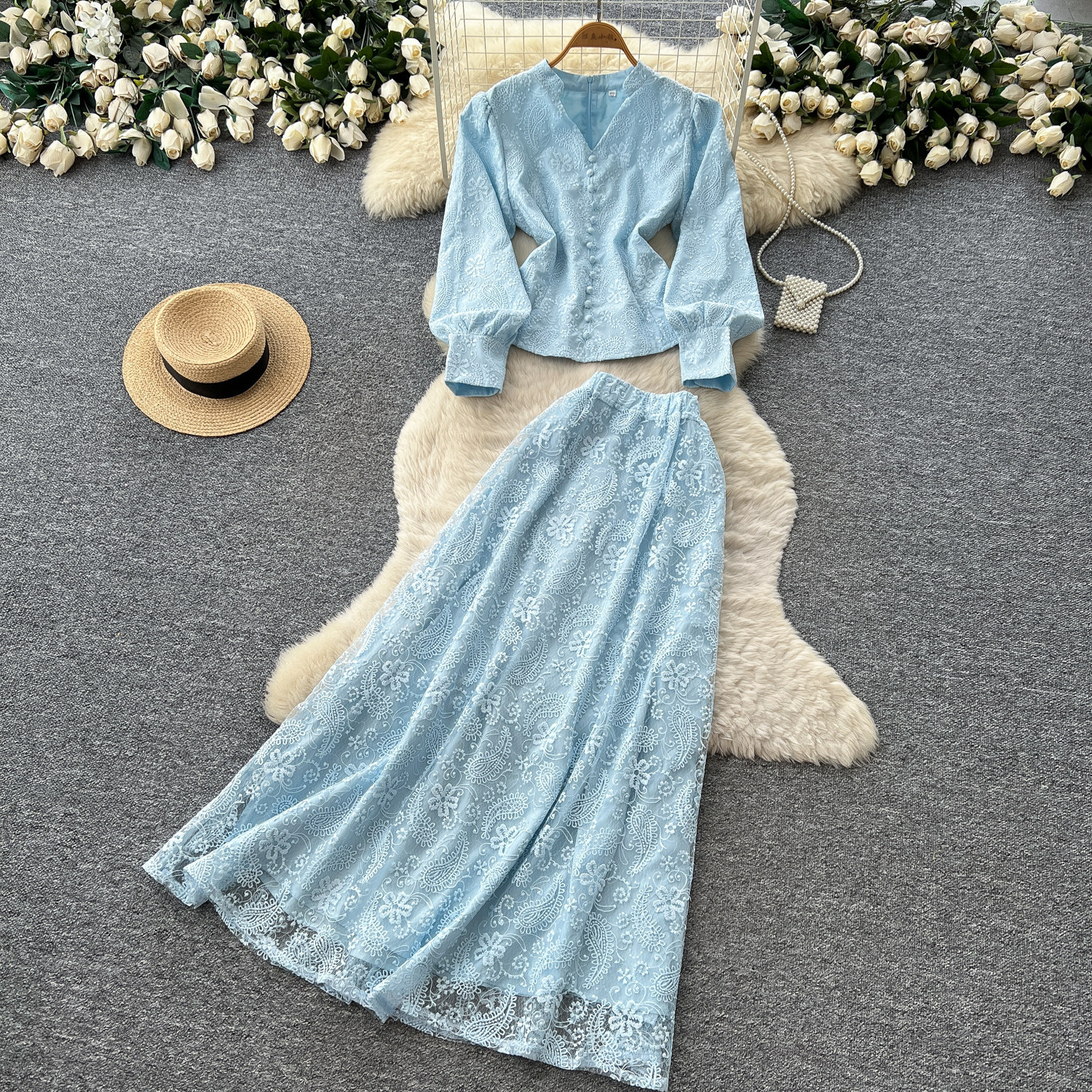 French Elegant Womens Autumn Fashion Set Embroidered Sequined Sheer Mesh Top with Waist Detail High Waisted Skirt