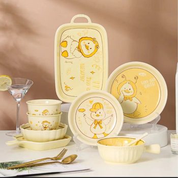 Cute Duck Cartoon Ceramic Dishes and Dinnerware Ins High Color Value Cream Style Binaural Soup Bowl Noodle Bowl Dish Plate Tableware