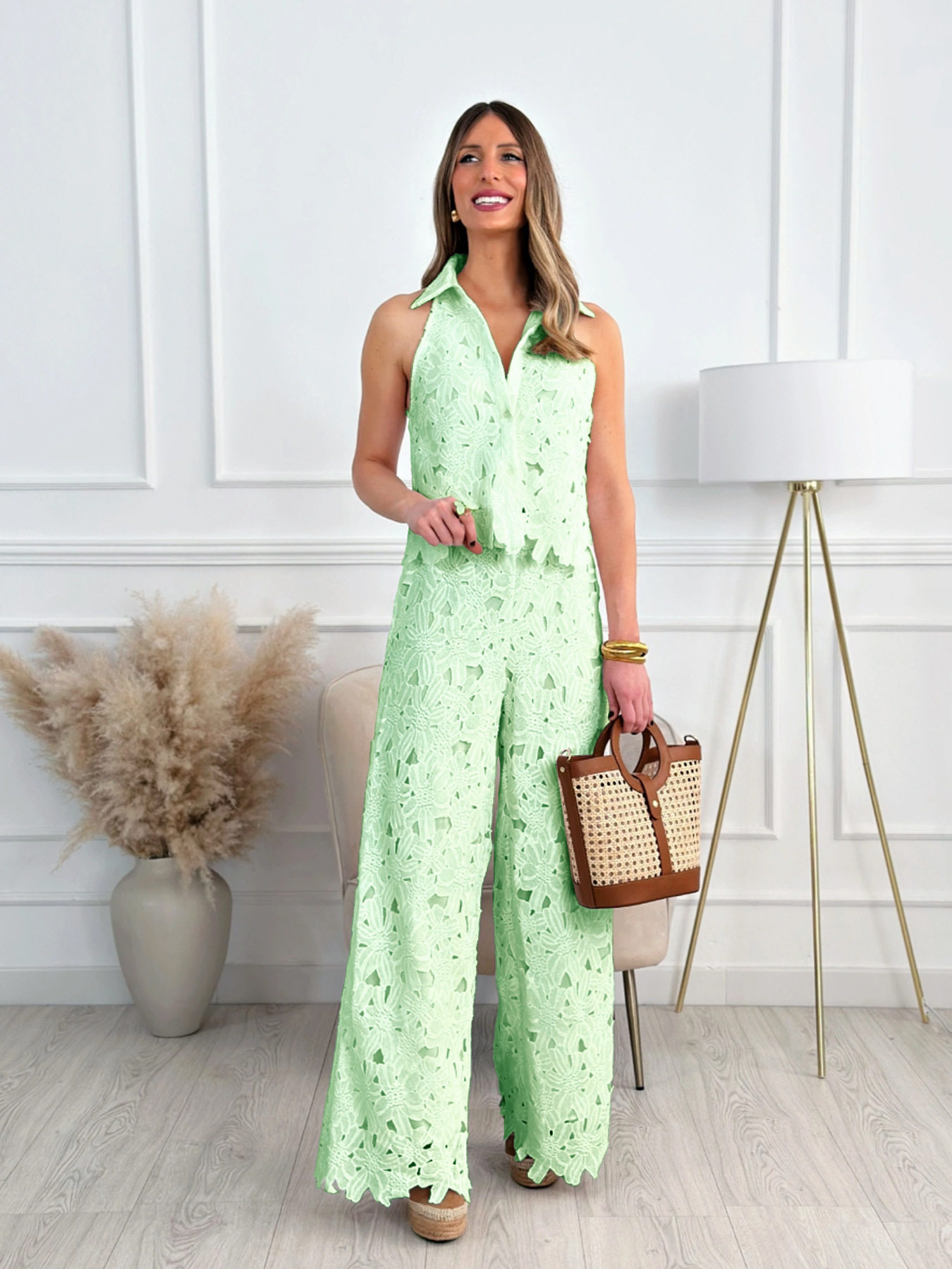 French Summer Embroidered Hollow V Neck Tank Top and Wide Leg Straight Pants Set Elegant Design Perfect for Casual
