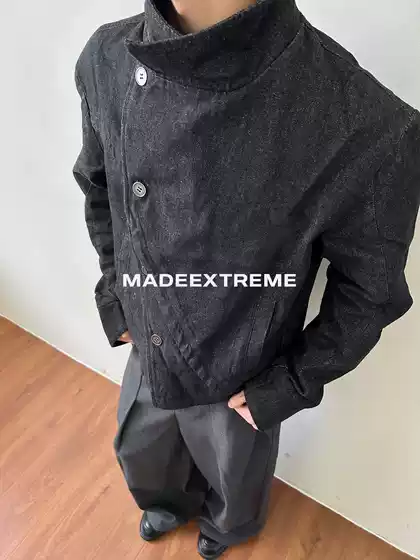 Eme Curved Loose-Fitting Stand-Up Collar Button Denim Stereo Tailoring Jacket Multi-Shaped Asymmetrical Kendo Jacket