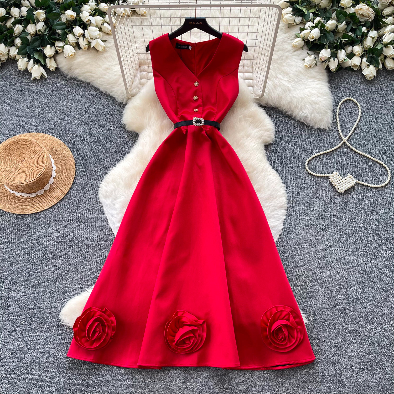 Sleeveless A Line Dress for Women Waist Defining 3D Floral Design Slim Fit Summer Office Wear or Special Occasion