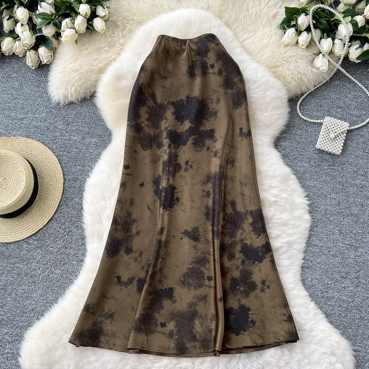 High Waist Satin Midi Skirt for Women Vintage Ink Print Flared Design Summer Casual Wear