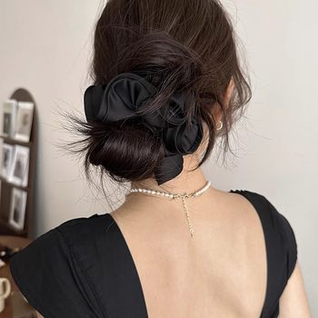 Black Satin Large Intestine Hair Ring Internet Popular 2024 New Style Hair Tie Head Rope Women's Ponytail Head Flower Ball Hair Accessories