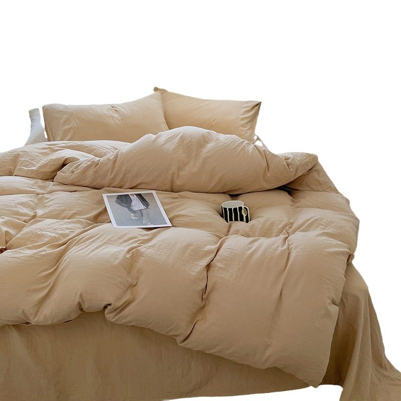 Japanese Style ins Washed Cotton Four-Piece Set Super Soft Pleated Cotton Bed Sheet Quilt Cover Bed Hat Simple Dormitory Three-Piece Set 4