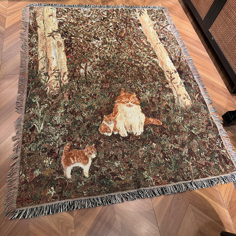 Retro Oil Painting Style Cartoon Cat Blanket Jacquard Knitted Cotton Thread Blanket Sofa Blanket Single Cover Blanket Wall Tapestry