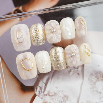 Handmade wear nail purple smudged Pearl gold thread high-grade white wear manicure finished nail patch