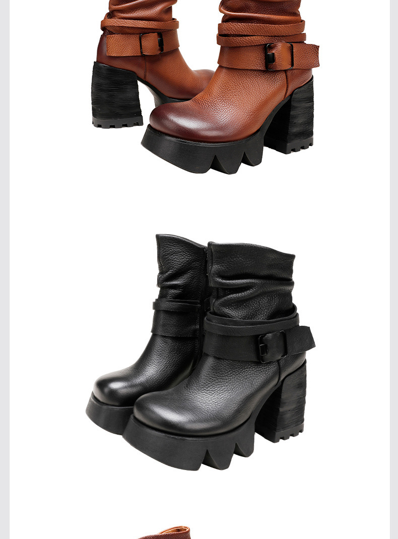 Boot nữ da bò thật gót thô cao cổ ôm bắp chân khóa kéo bên — Màu đen, Màu nâu đậm