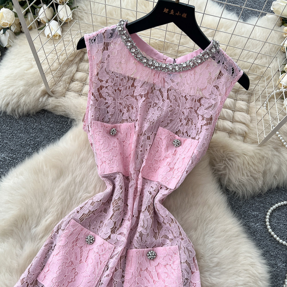 Lace A Line Dress Rhinestone Embellished Sleeveless High Waist Hollow Out Design Elegant Office Wear Wholesale