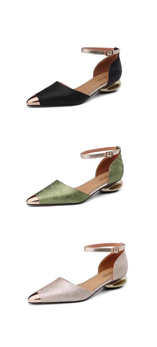 Sandal nữ quai ngang bít mũi mũi nhọn kim loại gót thô 3cm phối cùng áo dài — Màu be, màu đen, Xanh lá cây
