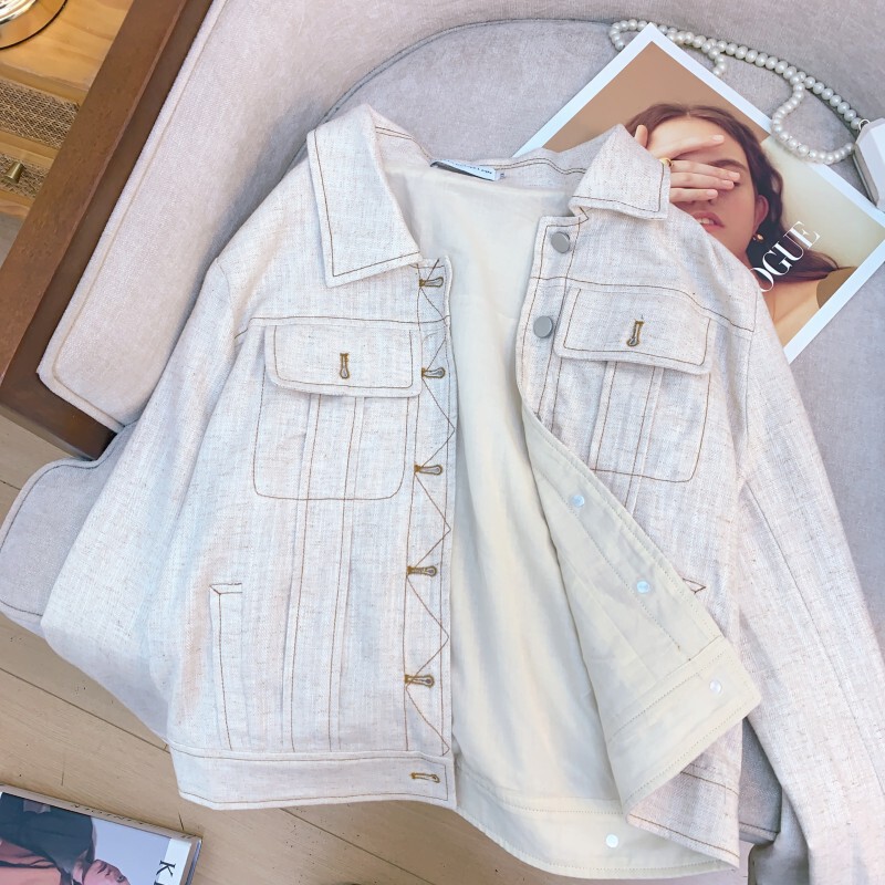 Áo khoác denim nữ dáng ngắn chất liệu vải lanh phong cách thanh lịch — Màu be nhạt