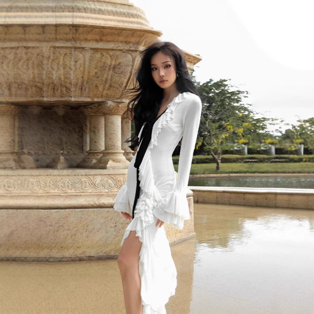 V Neck Ruffled Design Dress Sexy Elegant Long Sleeve Split Hem Winter Collection Wholesale Available
