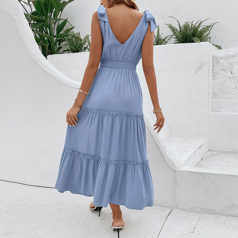 Summer Casual Dress Solid Color Ruffled Hem High Waist Sleeveless Beach Vacation Wear Wholesale Available