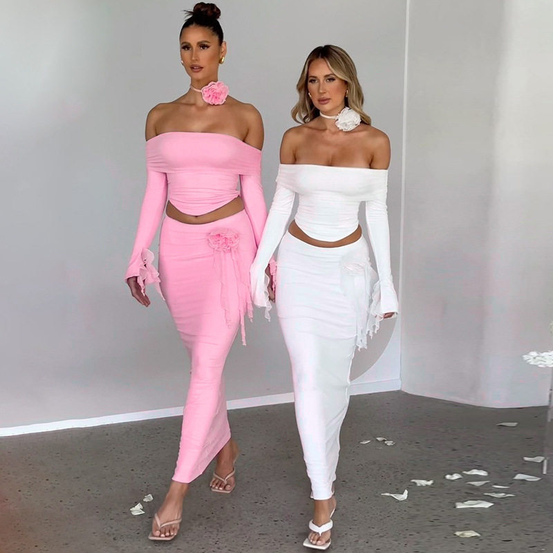 Amazon women's 2025 spring and summer new fashion sexy tube long sleeve top slim skirt suit wholesale