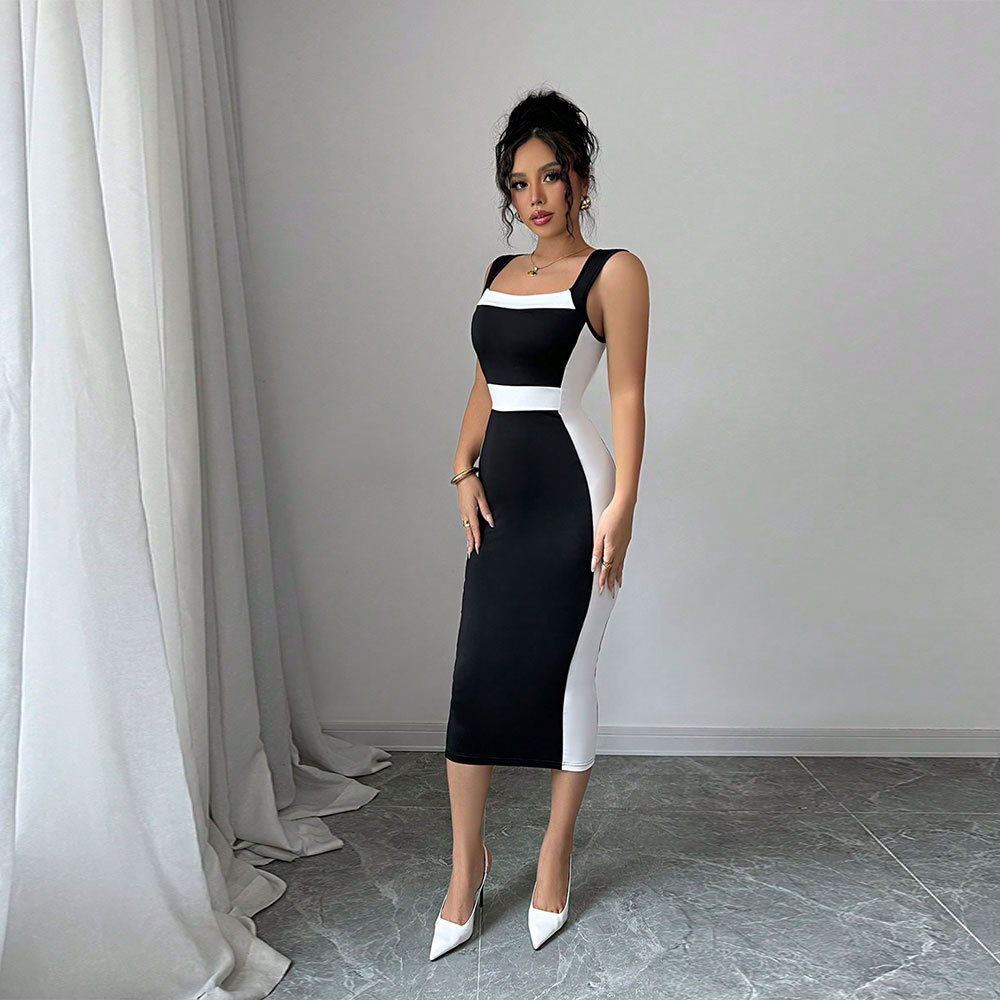 Summer Womens Long Color Block Dress Square Neck Sleeveless Elegant Style Perfect for Casual Outings Wholesale