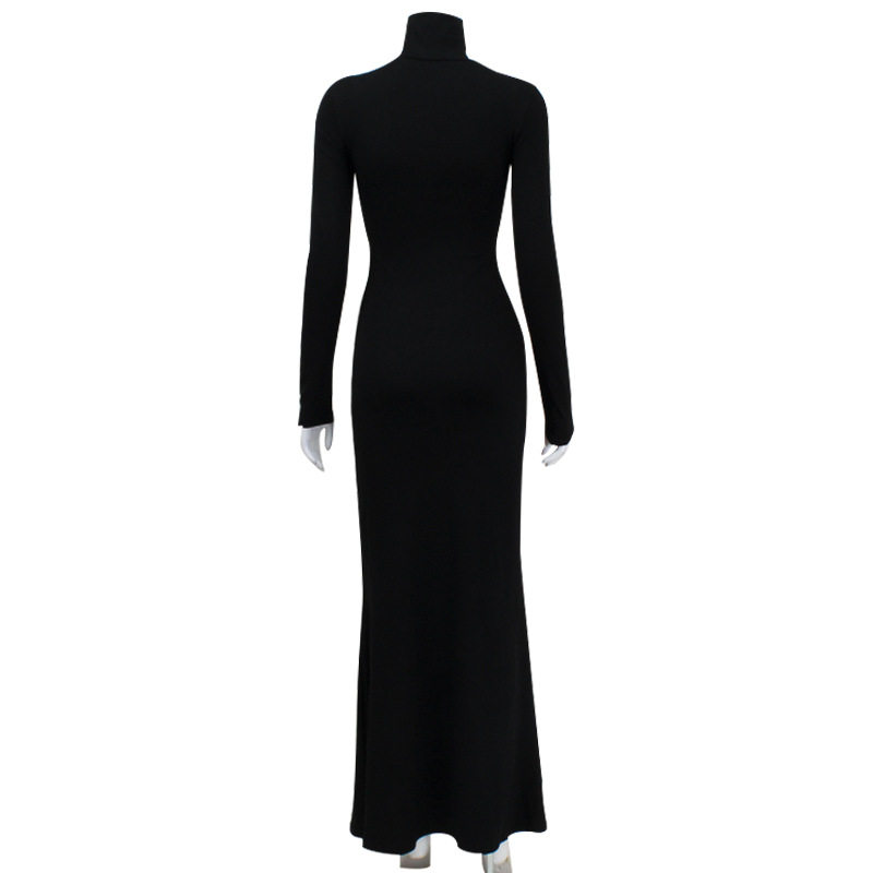 High Neck Long Sleeve Bodycon Dress Elegant Solid Color High Waist Slim Fit Perfect for Autumn and Winter Occasions
