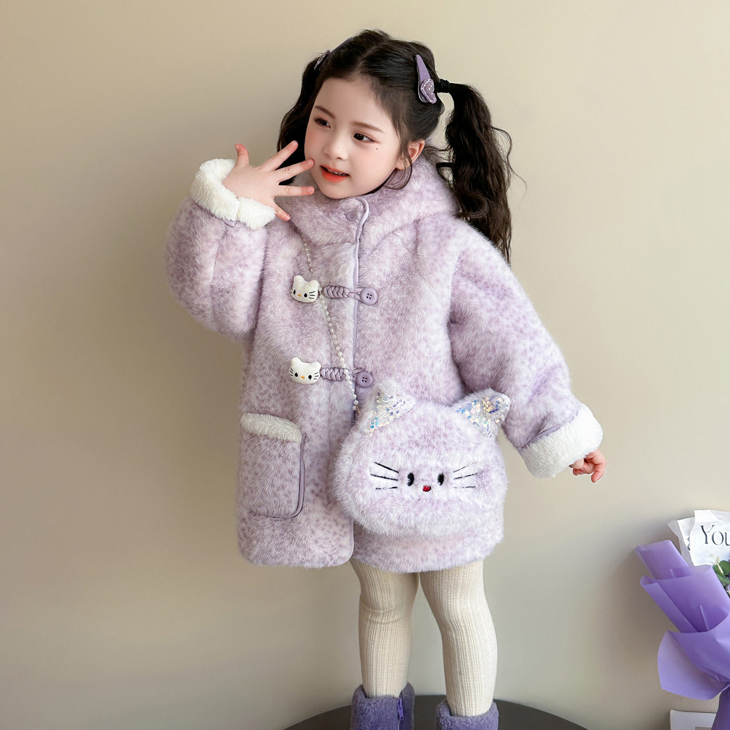 Girls' Fleece-Lined Thickened Fur Coat Winter New Children's Little Girl Integrated Fleece Warm Winter Top