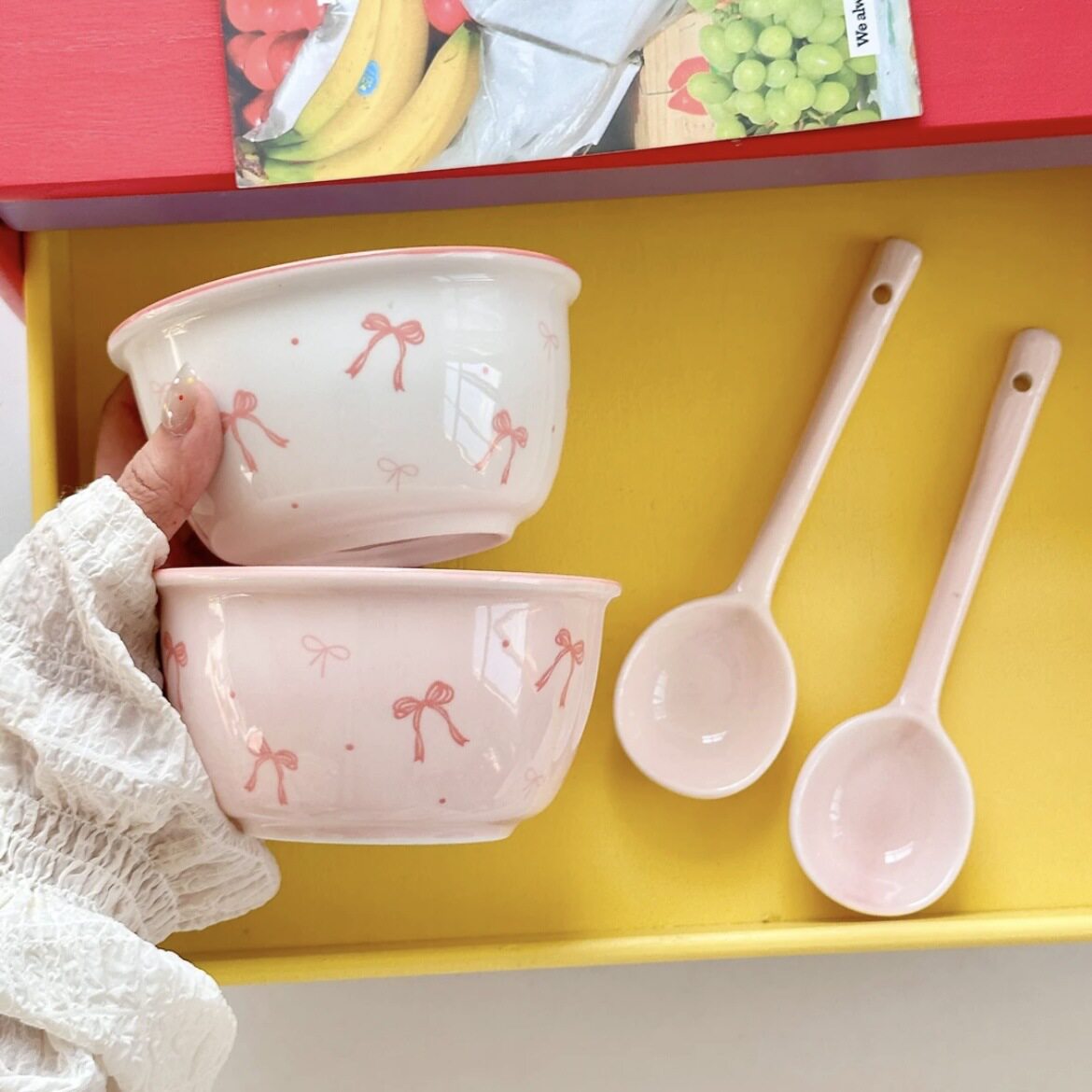 Pink Bow Rice Bowl Girl's Heart Ceramic High Temperature Underglaze Color Household Dessert Bowl Oven-Microwave