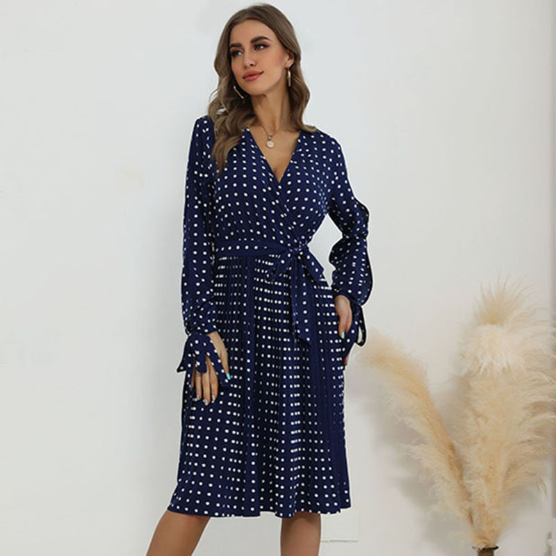 Lace Long Sleeve Blue Polka Dot Dress Elegant Design Comfortable Fit Autumn Winter Style Wholesale Available