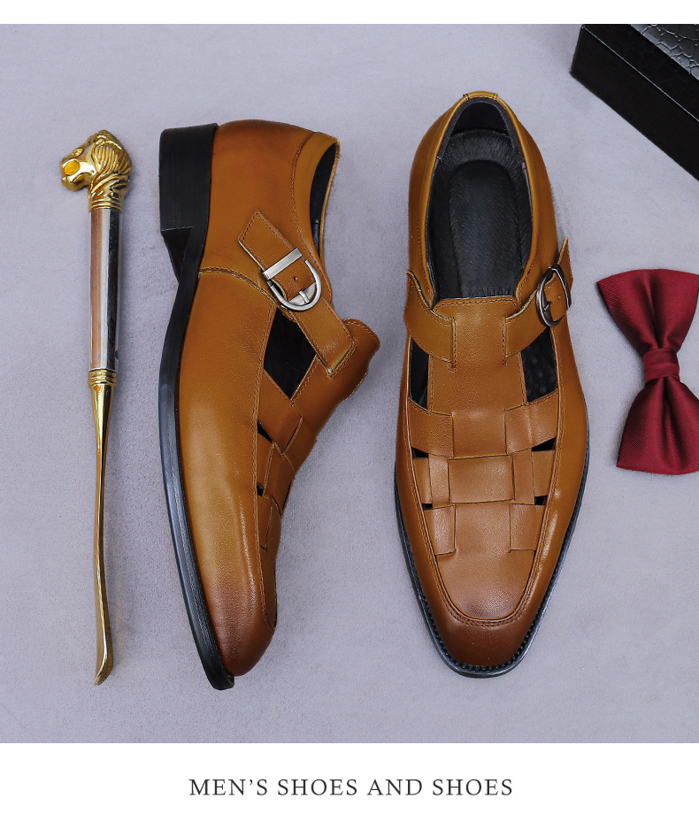 Dép da nam quai ngang khóa cài khoét lỗ thoáng khí — Màu nâu, Màu đen, Màu trắng be