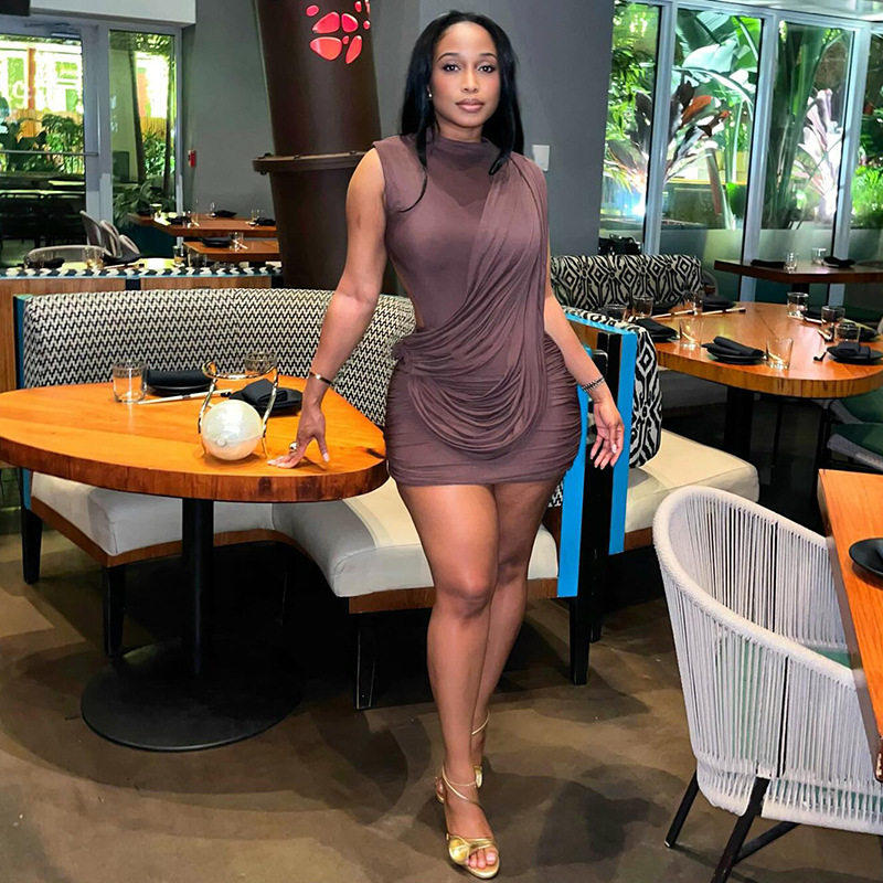 Solid Color Ruched Bodycon Mini Dress Sleeveless Round Neck Asymmetrical Hem Trendy Streetwear for Casual Outings