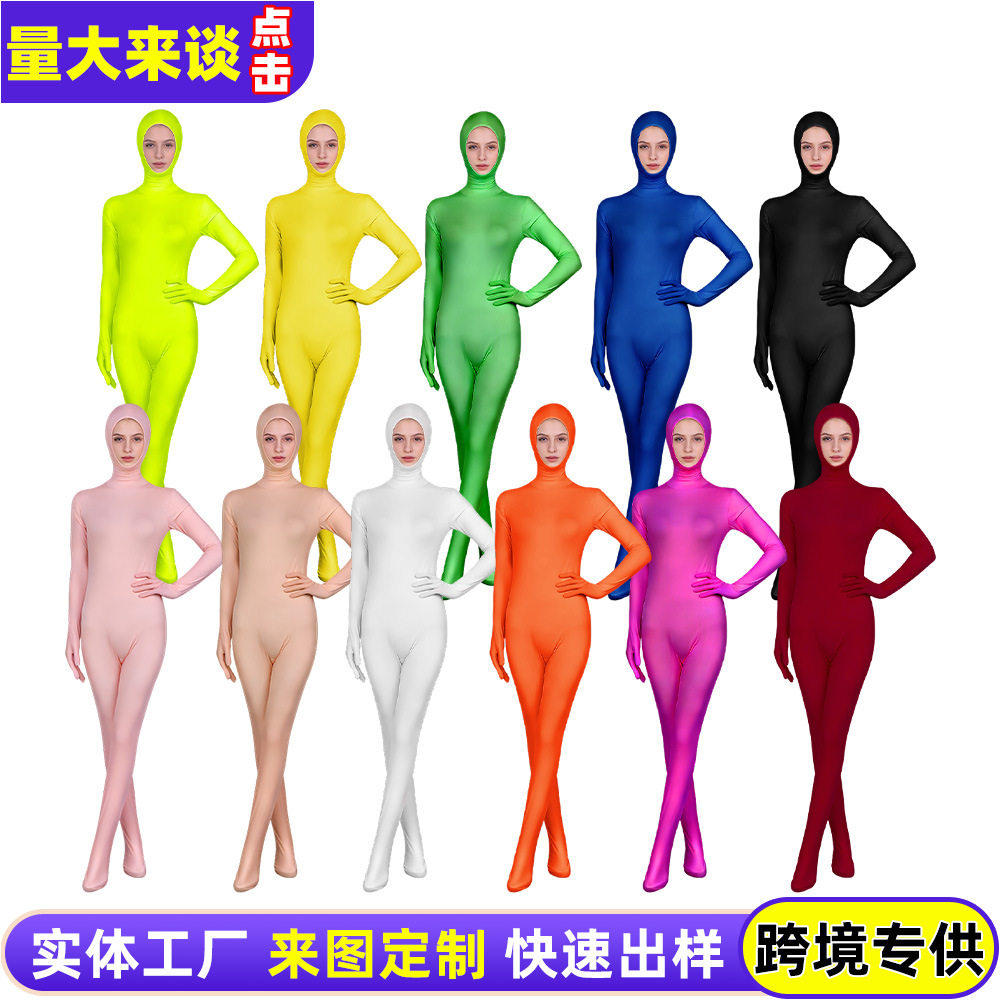 บอดี้สูทผ้าไหมนมคลุมทั้งตัว ขายดีข้ามพรมแดน แบบเปิดหน้า ชุดจั๊มสูท Zentai สีทึบ ชุดปลอมตัวสำหรับการแสดงบนเวที