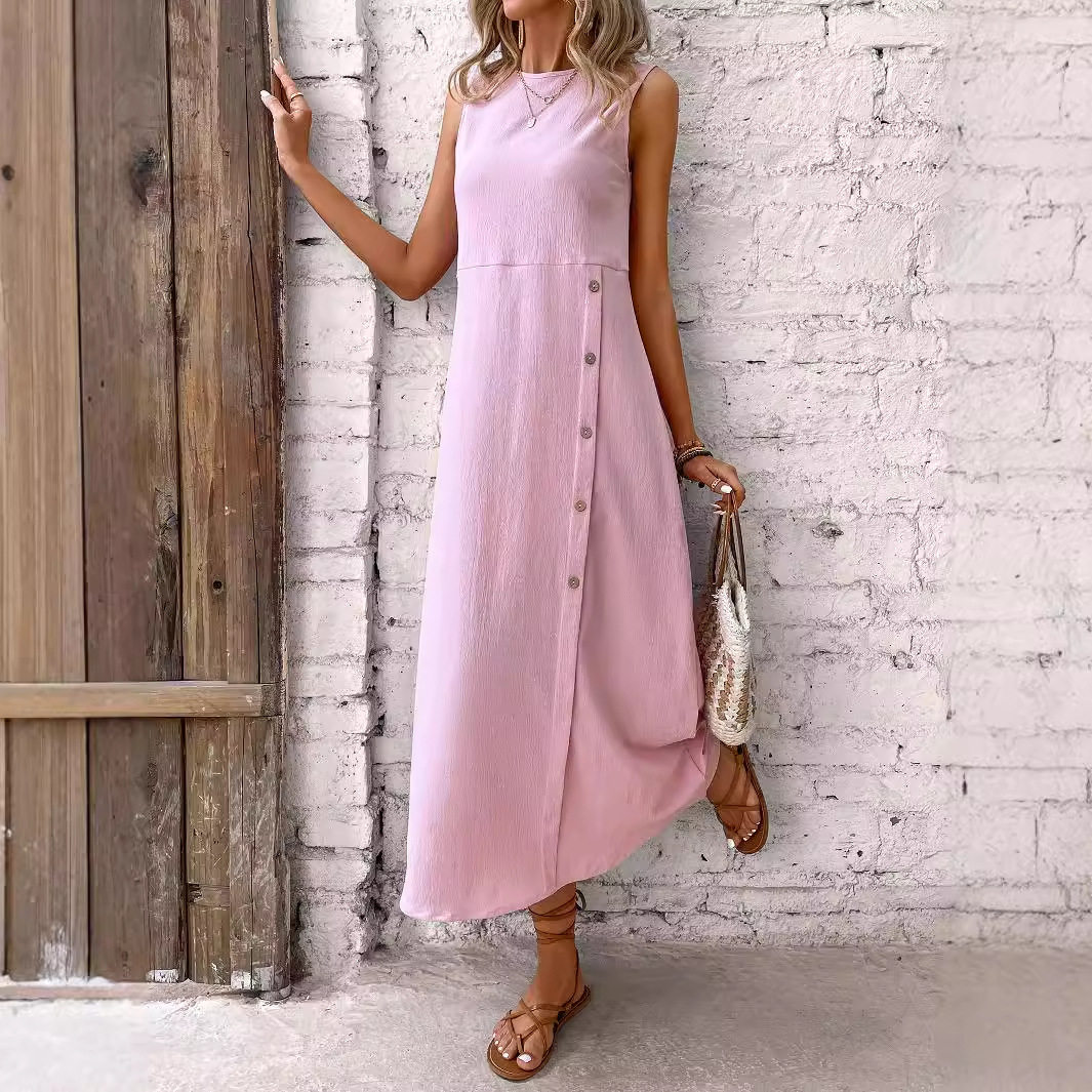 Loose Fit Sleeveless Round Neck Dress Solid Color Straight Cut Comfortable Fabric Casual Summer Wear Wholesale