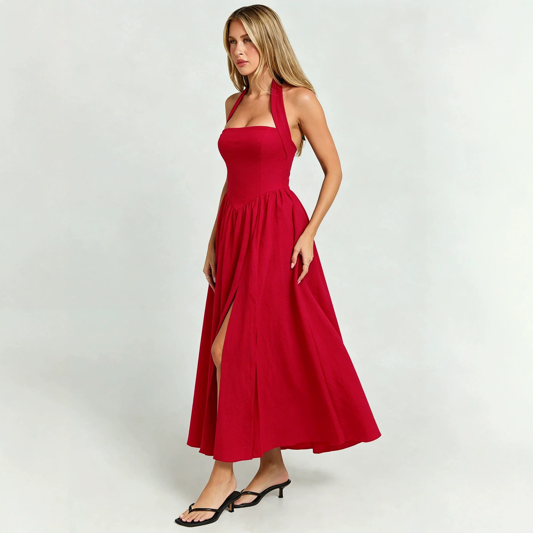 Vintage French Style Halter Neck Tie Dress Backless Waist Cinching Flared Hem High Slit Perfect for Vacations and